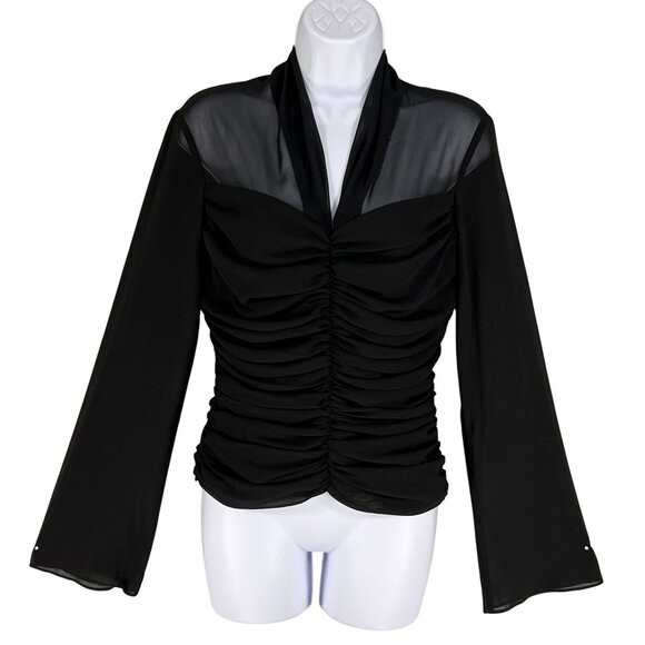 JS Boutique Womens 8 Ruched Black Long Bell Sleeve Blouse Coquette Vampy Top - Picture 1 of 16